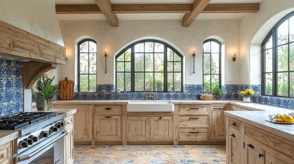 Charming Mediterranean Kitchen: Whitewashed Walls, Terracotta Tiles, and Blue Mosaic Backsplashes