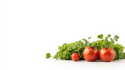 Fresh Tomatoes and Leafy Greens on White Background