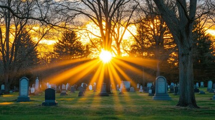 Tranquil Evening at the Cemetery - Sunset Rays, Peaceful Remembrance, Calm Atmosphere in Graveyard