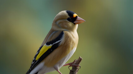 Naklejka premium Stunning Closeup of a Goldfinch Perched on a Twig Against a Softly Blurred Background