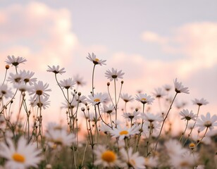 daisies, field, white, flowers, background, pastel, gradient, sky, nature, floral, scenery, serene, beautiful, peaceful, tranquil, minimal, colorful, elegant, vibrant, natural, botanical, countryside,