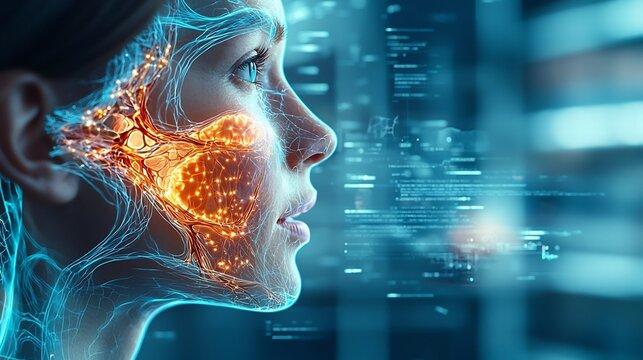 Advanced Neurology Clinic Displaying a Detailed Virtual Twin of Facial Nerves Highlighting the Trigeminal Neuralgia Pain Regions in Glowing Detail