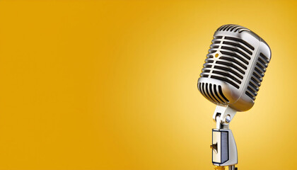 Fototapeta premium Retro vintage microphone 3D rendering illustration isolated on yellow background