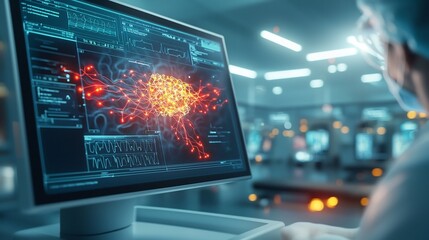 Fototapeta premium Advanced Healthcare Facility Showcases Virtual Twin of Neural Networks Visualizing Migraine Pain Pathways with Glowing Red and Yellow Signals Leaving Copy Space at the Bottom Right