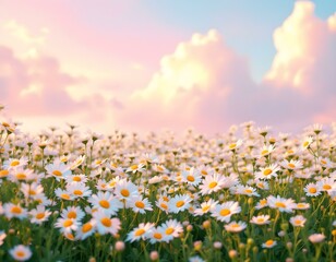 Fototapeta premium daisies, field, white, flowers, background, pastel, gradient, sky, nature, floral, scenery, serene, beautiful, peaceful, tranquil, minimal, colorful, elegant, vibrant, natural, botanical, countryside,