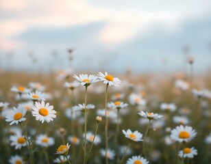 daisies, field, white, flowers, background, pastel, gradient, sky, nature, floral, scenery,