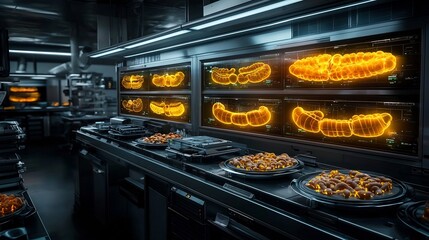 Advanced Medical Research Facility featuring a Virtual Twin of the Entire Gastrointestinal System Highlighting Regions Affected by Irritable Bowel Syndrome IBS in Glowing Yellow