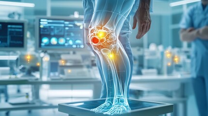 Fototapeta premium Innovative virtual healthcare unit featuring a detailed 3D digital twin model of a knee joint highlighting areas affected by cartilage wear due to osteoarthritis with glowing diagnostic indicators