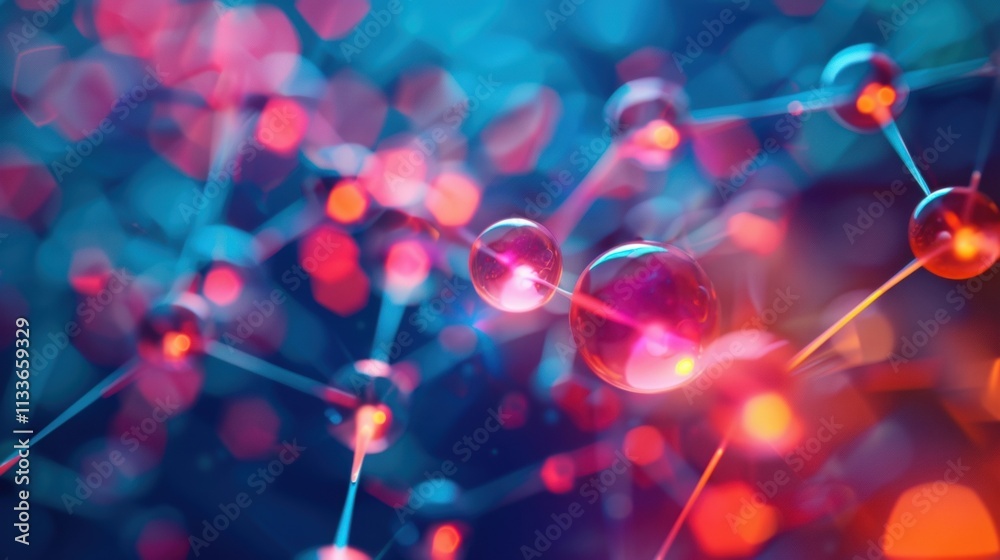 Poster complex network of interconnected glowing spheres representing data flow and processing in a vibrant