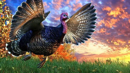 wild turkey flapping its wings in mid-flight above a grassy field, with the sky painted in warm sunset colors and a hint of dramatic clouds. 