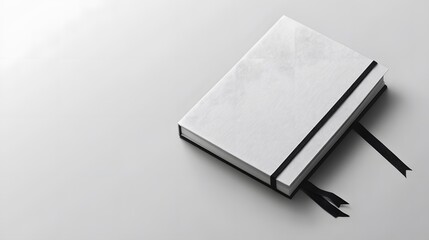 Blank white book with black ribbon bookmark on white background.