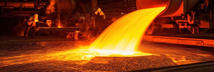 Molten metal flows into casting molds within an industrial hall while workers monitor the process, sparks and flames illuminating the space. Generative AI