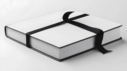 Blank white hardcover book with black ribbon.