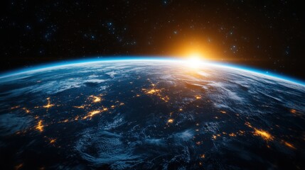 Fototapeta premium Airplane soaring above the earth during a breathtaking sunrise with cinematic blue lighting