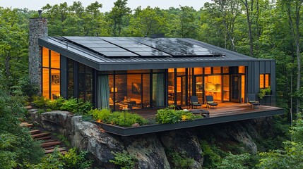 Sleek solar panels incorporated into metal roof of a modern cabin set in a peaceful forest clearing