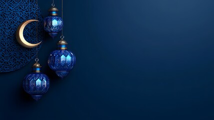 Blue hanging lanterns and crescent moon on dark blue background.