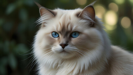 Obraz premium Stunning Portrait of a Ragdoll Cat with Captivating Blue Eyes, Fluffy White Fur Against a Blurred Green Background