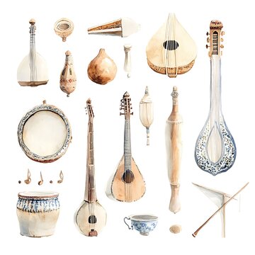 Watercolor Illustration of a Collection of Vintage Musical Instruments from Around the World.