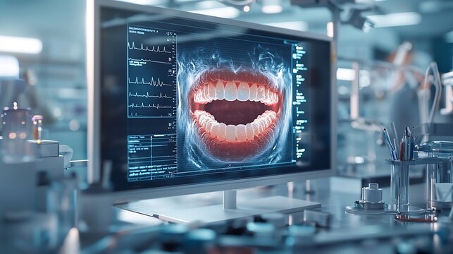 A state of the art medical laboratory displays a virtual twin of the tongue and throat highlighting areas affected by infections or glossitis using advanced holographic technology
