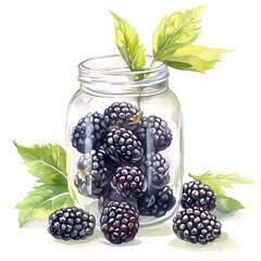 Watercolor Painting of Blackberries in a Glass Jar with Leaves.