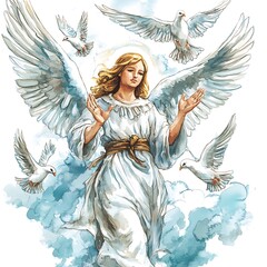 Watercolor Painting of a Serene Angel with Doves, Symbolizing Peace and Spirituality.
