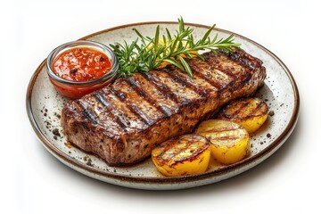 Savory grilled steak with roasted potatoes and sauce on a plate