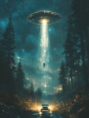 Mysterious night encounter with a flying saucer and a limp figure illuminated by bright light