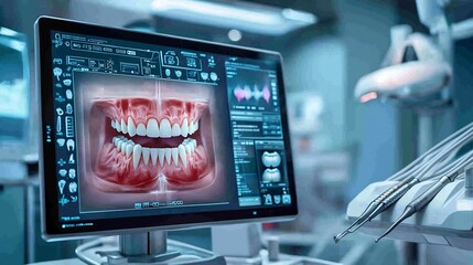 Futuristic Dental Care Facility Showcasing Virtual Twin of Full Dental Arch Identifying Gum Recession and Early Signs of Periodontitis with Copy Space