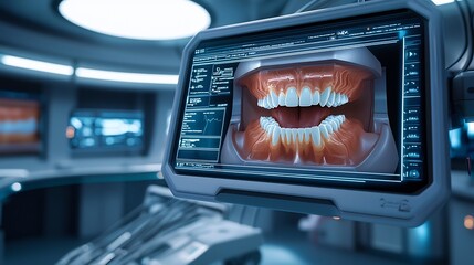 Futuristic Dental Care Facility Showcasing Virtual Twin Dental Arch Analysis for Identifying Gum Recession and Early Signs of Periodontitis