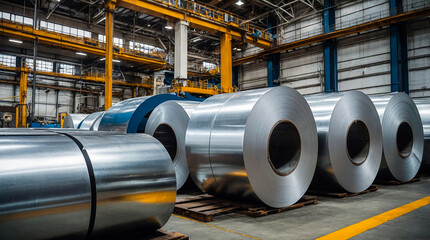 Rolls of metal sheet. Zinc, aluminium or steel sheet rolls on in factory.