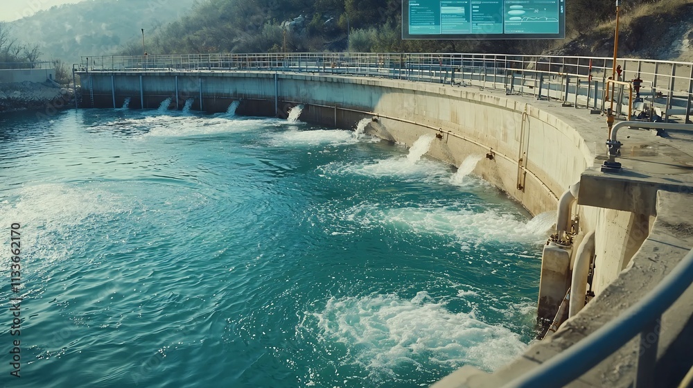 Poster detailed view of a large reservoir with a virtual twin interface displaying real time water metrics 