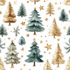 Obraz premium Watercolor Christmas pattern features minimalist pine trees, stars. Neutral tones create serene holiday design. Seamless pattern. Suitable for holiday decor. Soft textures. Ideal for festive mood.