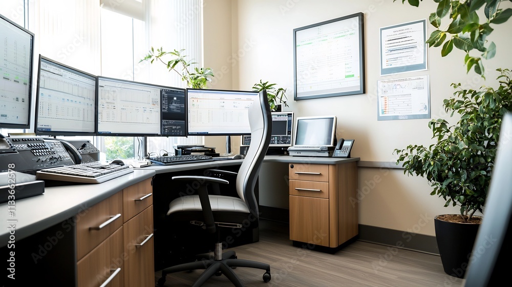 Poster high tech water resource control room showcasing virtual twin of regional demand and usage patterns 