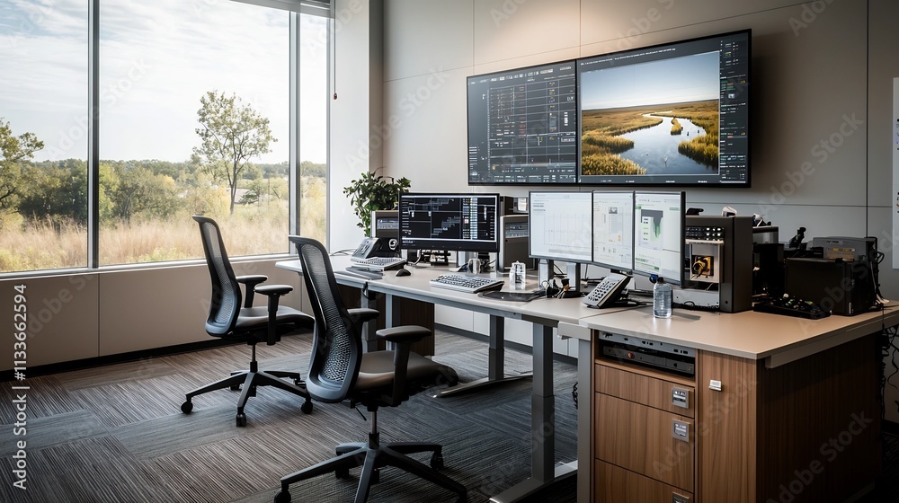 Poster high tech control room monitoring virtual water resource management dashboard with real time data an