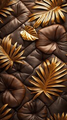 Naklejka premium A rich brown mocha mousse surface is beautifully accented with vibrant gold palm leaves, creating an exquisite tropical-inspired decor perfect for any setting