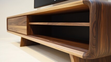 Obraz premium Modern walnut wood TV stand with sleek design and storage.