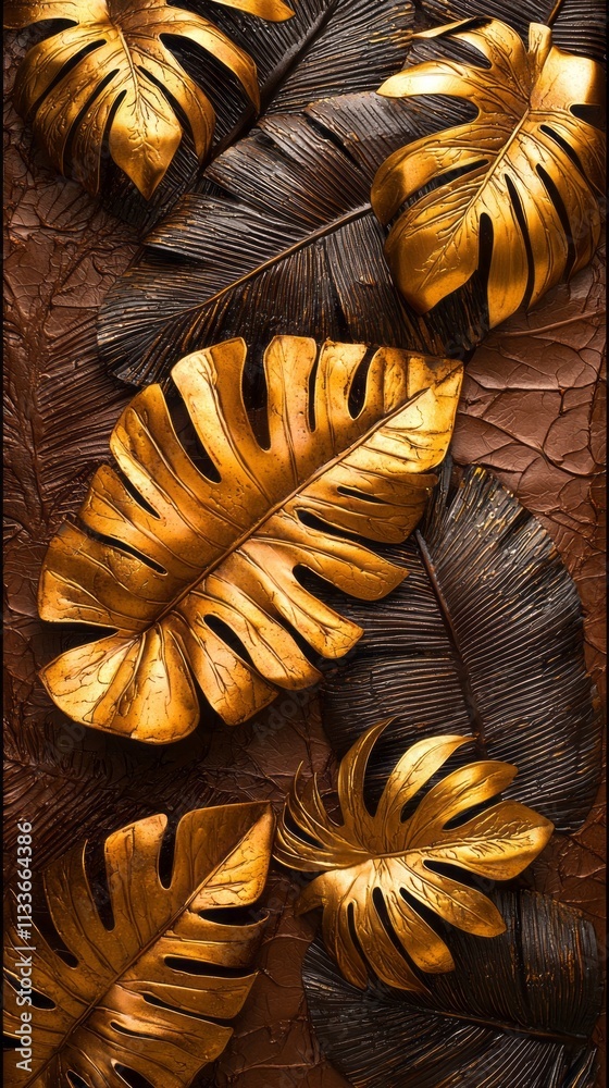 Poster a rich mocha mousse backdrop showcases ornate golden palm leaves interspersed with dark foliage, cre