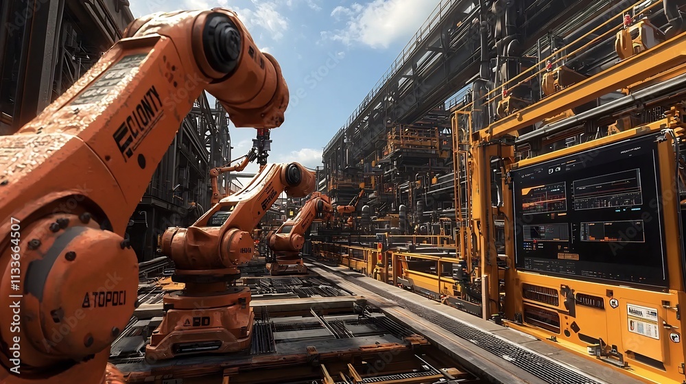 Poster automated steel mill with robotic arms and a virtual twin displaying process optimization and mainte