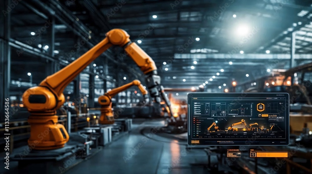 Poster automated steel mill with robotic arms and virtual twin optimizing processes and reporting maintenan