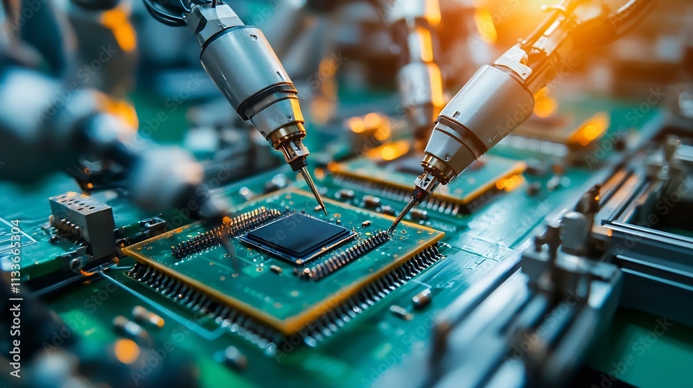 Poster robotic arms meticulously assembling microchips on a high tech manufacturing production line with a 