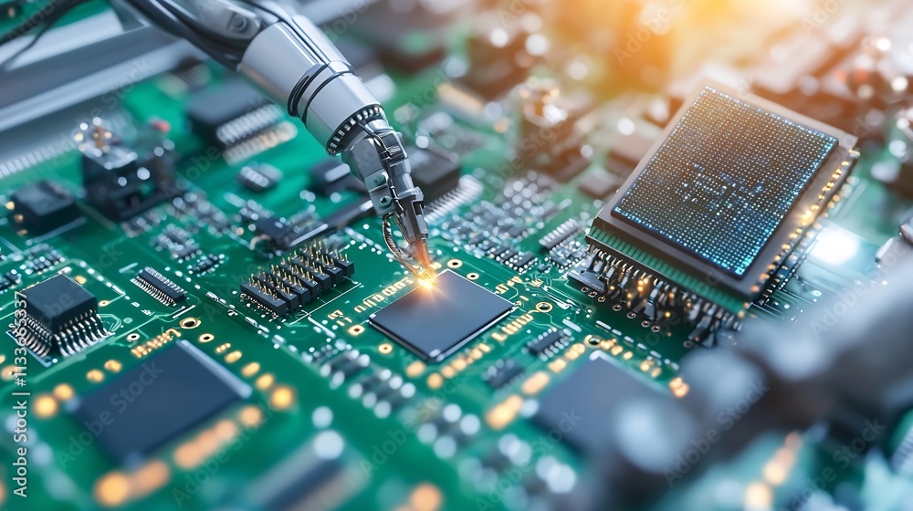 Poster robotic arms precisely assembling microchips on a high tech production line with a virtual twin syst