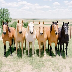 Fototapeta premium Group of Horses in Photorealistic Style Against Clear Sky Background