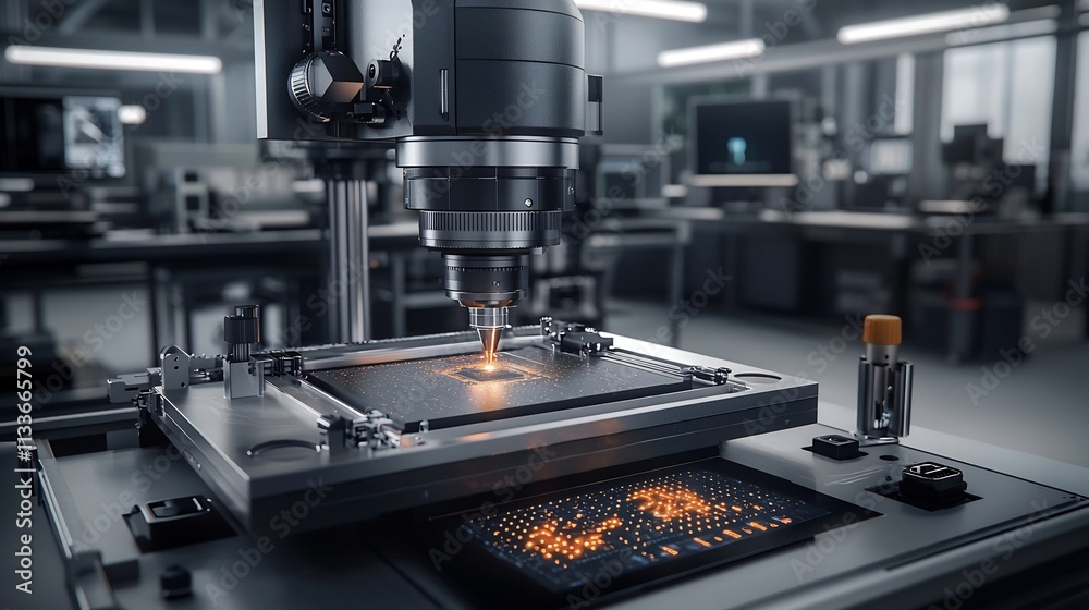 Poster advanced lithography machine etching intricate microchip patterns with virtual twin displaying align