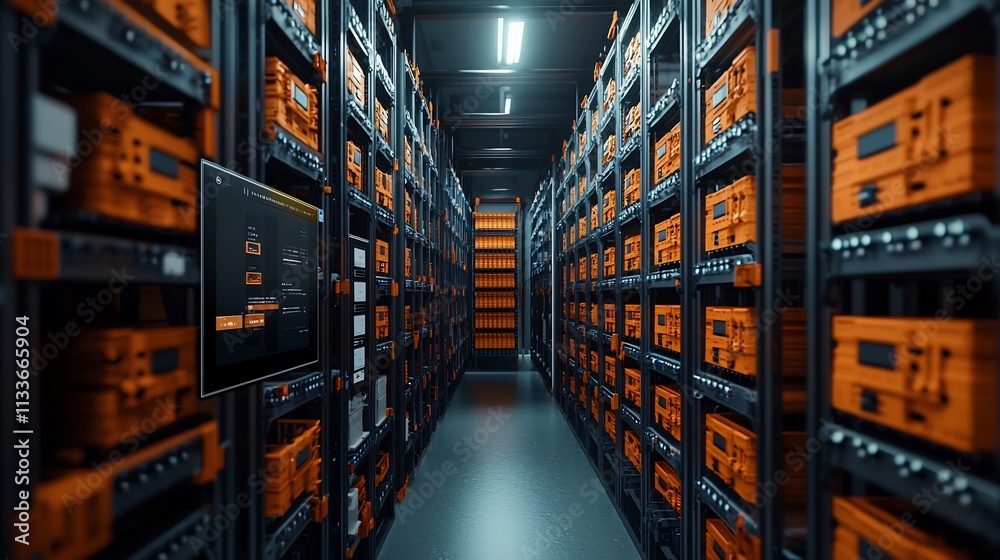 Poster photograph of silicon wafers stored in a rack with a virtual twin software application displaying de