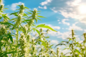 Naklejka premium Sunlight illuminates vibrant branches of sunflower and hemp plants swaying gently, showcasing flourishing greenery in nature. Generative AI
