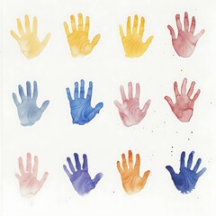 Fototapeta premium Twelve Watercolor Handprints in Vibrant Hues on White Background.