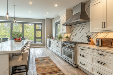 Photographie immobili&egrave;re d'une cuisine moderne et fonctionnelle avec &icirc;lot spacieux et appareils haut de gamme