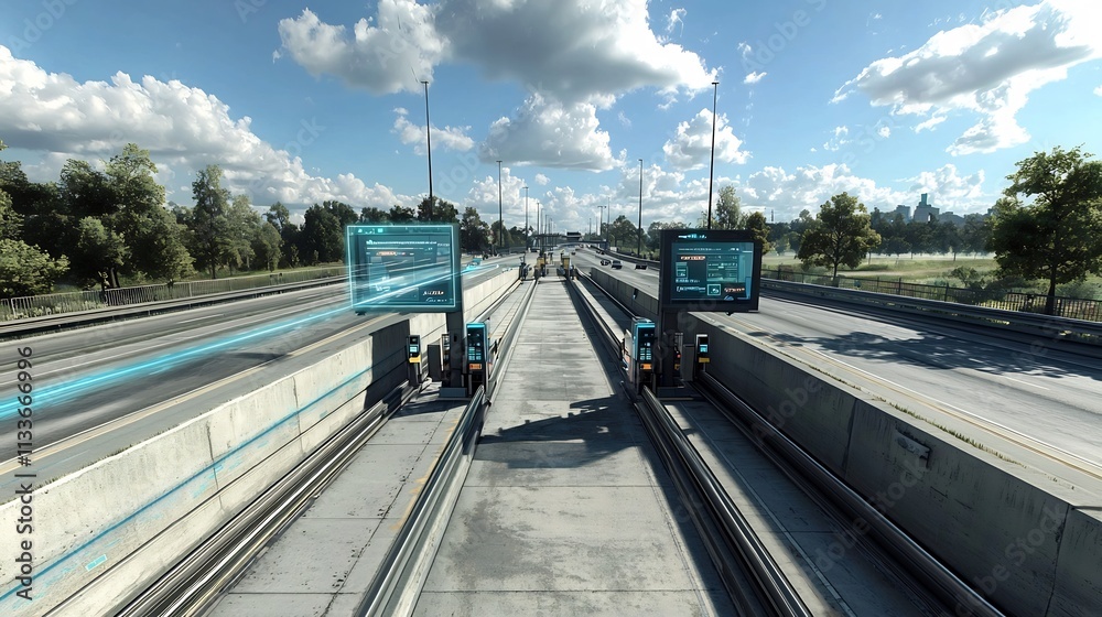 Poster a photograph of an automated toll station with a virtual twin tracking payment efficiency and traffi