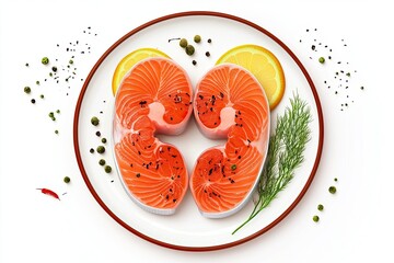 3d Vector human kidneys and fresh salmon on white background, healthy living concept for kidneys with fresh natural food 
