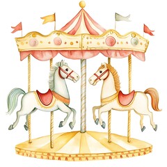 Obraz premium Watercolor Painting of a Vintage Carousel with Two Horses.